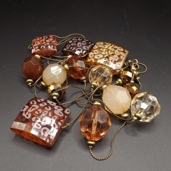 Brown Topaz Long Lucite Art Bead Necklace, 60" Length, Metal Chain - Picture 1 of 13